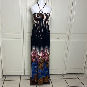 MAGIC Women’s Halter Maxi Floral Print Black/Brown Pink Size Medium Beaded